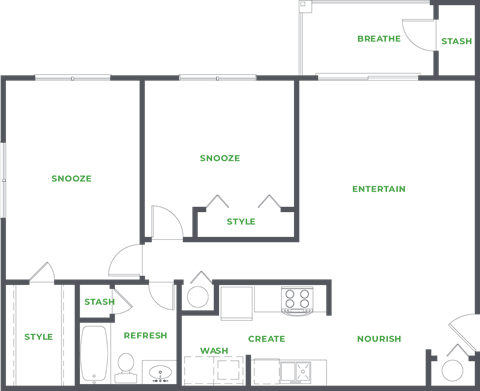 Floor plan for 2 beds, 1 bath, 1075 sqft