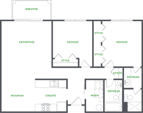 Floor plan for 2 beds, 2 baths, 1075 sqft