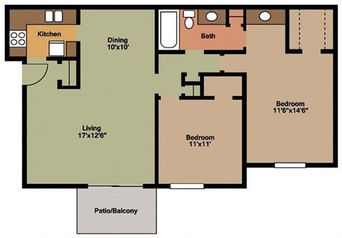 Floor plan for 2 beds, 1 bath, 1010 sqft