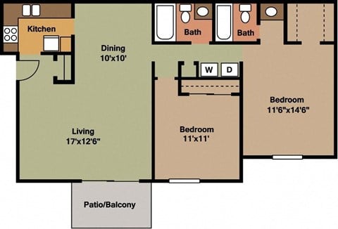 Floor plan for 2 beds, 2 baths, 1020 sqft