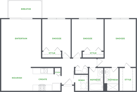 Floor plan for 3 beds, 2 baths, 1200 sqft