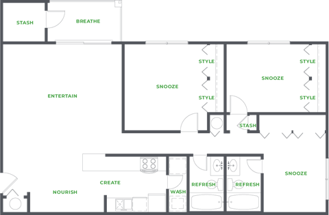 Floor plan for 3 beds, 2 baths, 1200 sqft