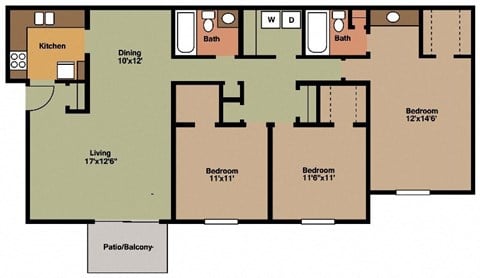 Floor plan for 3 beds, 2 baths, 1315 sqft