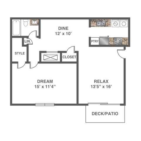 Floor plan for 1 bed, 1 bath, 782 sqft