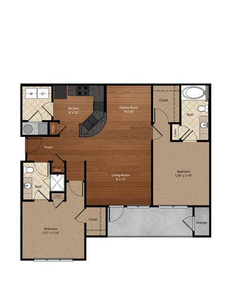 Floor plan for 2 beds, 2 baths