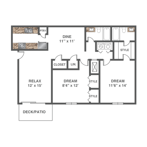 Floor plan for 2 beds, 2 baths, 1058 sqft