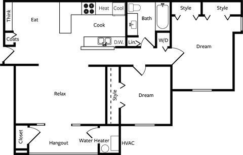 Floor plan for 2 beds, 1 bath, 1020 sqft