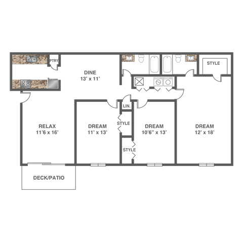 Floor plan for 3 beds, 2 baths, 1318 sqft
