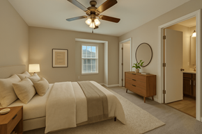 Myrtle Beach apartment for rent - A bedroom with a large bed and a ceiling fan.