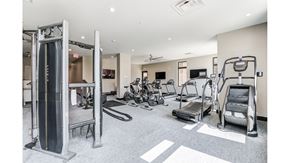 Carmel apartment for rent - A gym with a variety of equipment including a treadmill, weights, and a bench press.