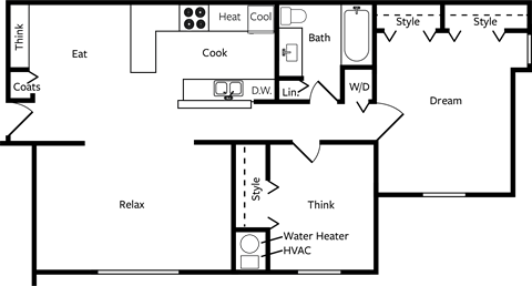 Floor plan for 2 beds, 1 bath, 1000 sqft