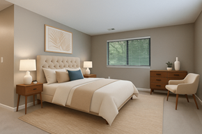 Grand Rapids apartment for rent - A bedroom with a large bed, a nightstand, a chair, and a painting on the wall.
