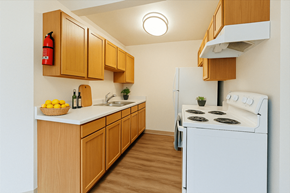 Grand Rapids apartment for rent - A kitchen with wooden cabinets and a white refrigerator.