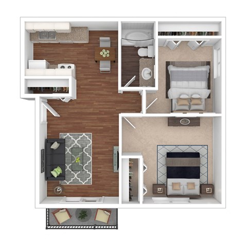 Floor plan for 2 beds, 1 bath, 691 sqft