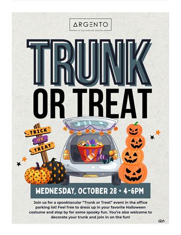 Kannapolis apartment for rent - A Halloween themed event poster for "Trunk or Treat" at Argento at Excelsior Bridge.