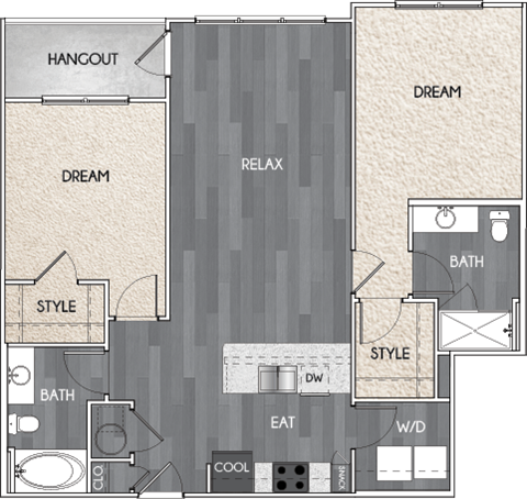 Floor plan for 2 beds, 2 baths, 1098 sqft