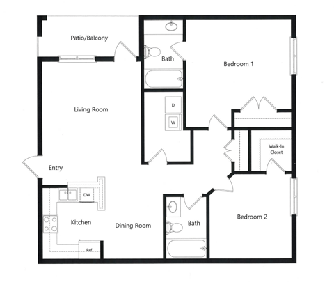 Floor plan for 2 beds, 2 baths, 989 sqft
