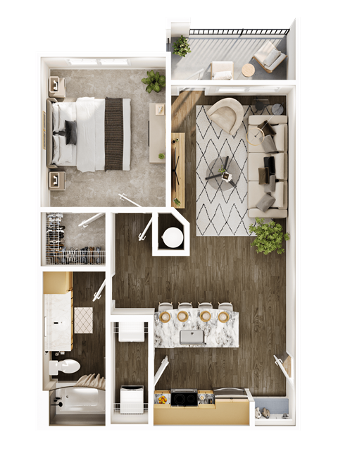 Floor plan for 1 bed, 1 bath, 687 sqft