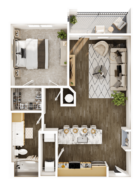 Floor plan for 1 bed, 1 bath, 782 sqft