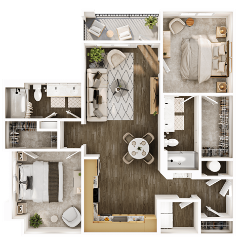 Floor plan for 2 beds, 2 baths, 1051 sqft