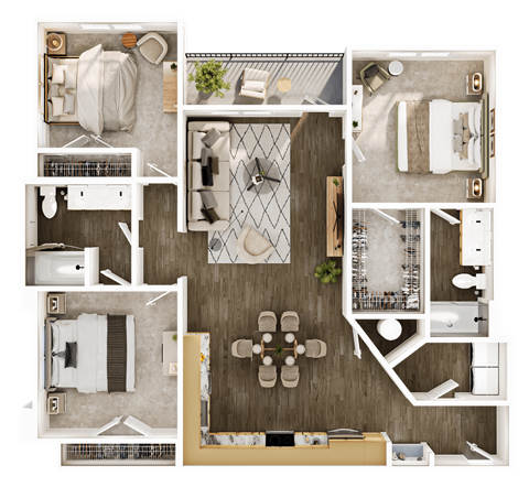 Floor plan for 3 beds, 2 baths, 1338 sqft