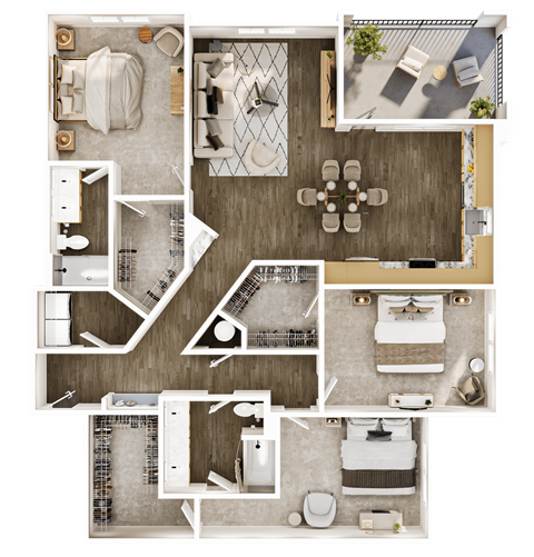 Floor plan for 3 beds, 2 baths, 1607 sqft