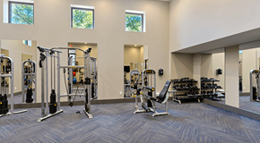 Decatur apartment for rent - Fitness center with strength training machines, a weight bench and dumbbells at Icon Avondale Apartments in Decatur, GA.