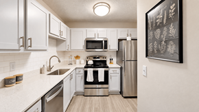 Cartersville apartment for rent - Apartment kitchen with white cabinets, subway tile backsplash, and stainless steel appliances at Icon Cartersville.