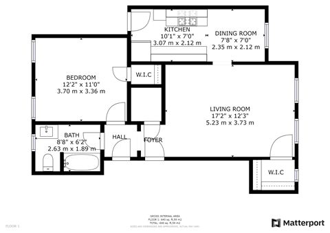 Floor plan for 1 bed, 1 bath, 600 sqft