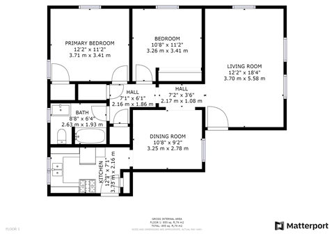 Floor plan for 2 beds, 1 bath, 850 sqft