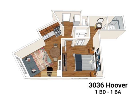Floor plan for 1 bed, 1 bath, 640 sqft