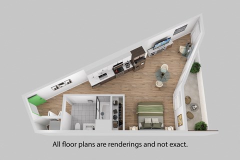 Floor plan for studio, 1 bath, 677 sqft