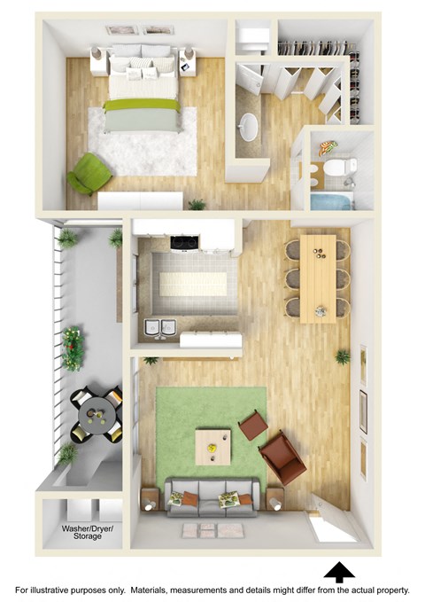 Floor plan for 1 bed, 1 bath, 709 sqft
