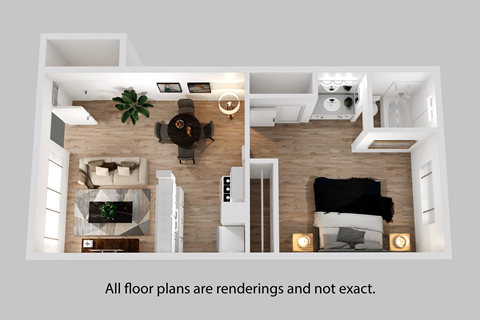Floor plan for 1 bed, 1 bath, 629 sqft
