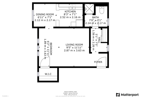 Floor plan for studio, 1 bath, 450 sqft