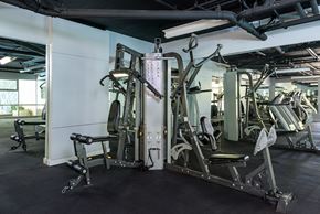 Los Angeles apartment for rent - A gym with a variety of equipment including a leg press machine.