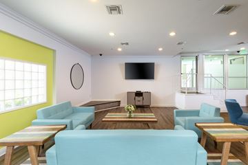 Los Angeles apartment for rent - A living room with a blue couch and a flat screen TV.