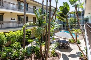 Los Angeles apartment for rent - a patio with palm trees and a table and chairs