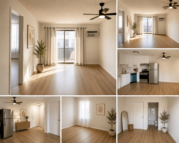 Los Angeles apartment for rent - A series of images showing different views of a modern, empty living space with wooden floors and white walls.