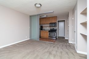 Los Angeles apartment for rent - A kitchen with a white ceiling and a white door.