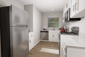 Los Angeles apartment for rent - a kitchen with white cabinets and stainless steel appliances