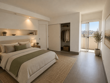 Los Angeles apartment for rent - A bedroom with a large bed and a view of the outdoors through a sliding glass door.