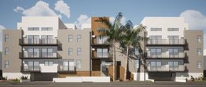 Los Angeles apartment for rent - a rendering of an apartment building with a palm tree