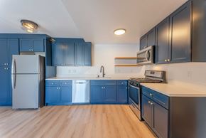 Los Angeles apartment for rent - A kitchen with dark blue cabinets and stainless steel appliances.