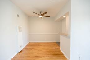 West Hollywood apartment for rent - a living room with a ceiling fan and a wood floor