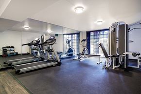 Los Angeles apartment for rent - a gym with cardio machines and weights on the floor and a large window