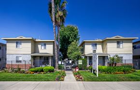 North Hollywood apartment for rent - a sidewalk in front of two houses with a palm tree