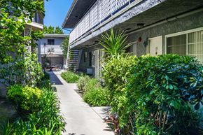 North Hollywood apartment for rent - a sidewalk in front of a building with bushes and plants
