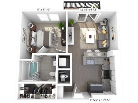 Floor plan for 1 bed, 1 bath, 528 sqft