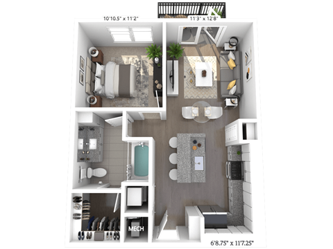 Floor plan for 1 bed, 1 bath, 644 sqft